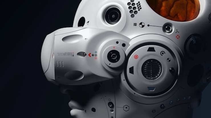 A white robot head with a rounded helmet against a dark background