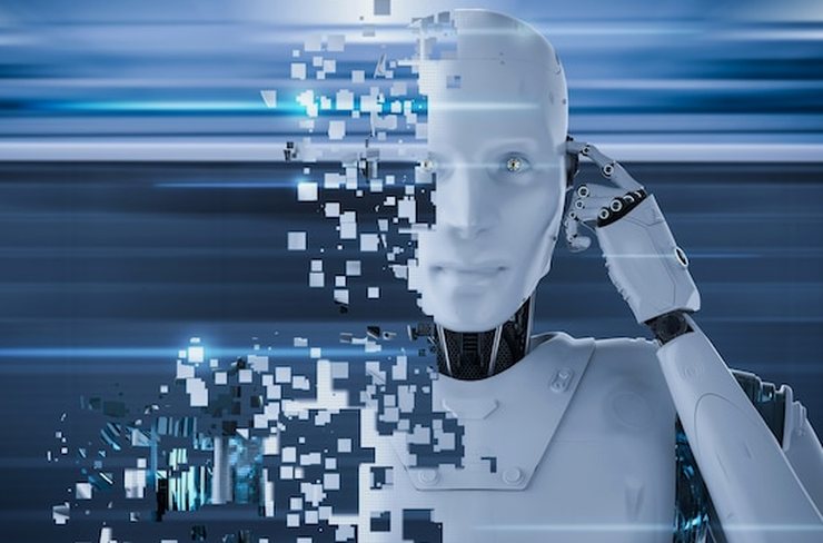 A humanoid robot head dissolving into scattered pixels on a blue background