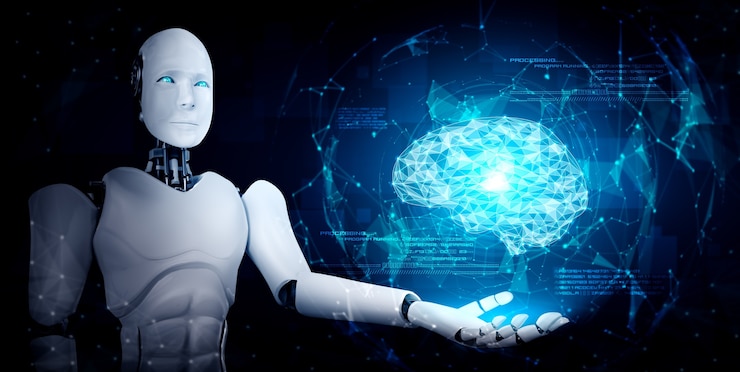 A white humanoid robot holding up a glowing digital brain