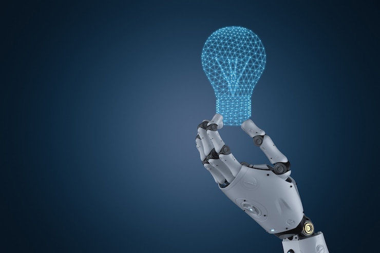 A robotic hand holding a wireframe light bulb