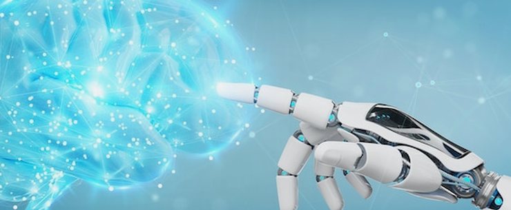 A robotic hand reaching towards a glowing network shaped like a brain
