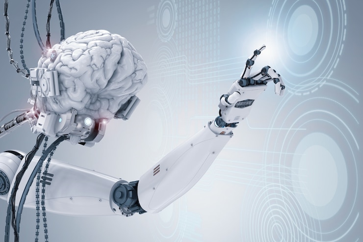 A white robot with an exposed circuit brain touching a floating interface