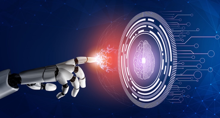 A robotic finger touching a glowing circular interface