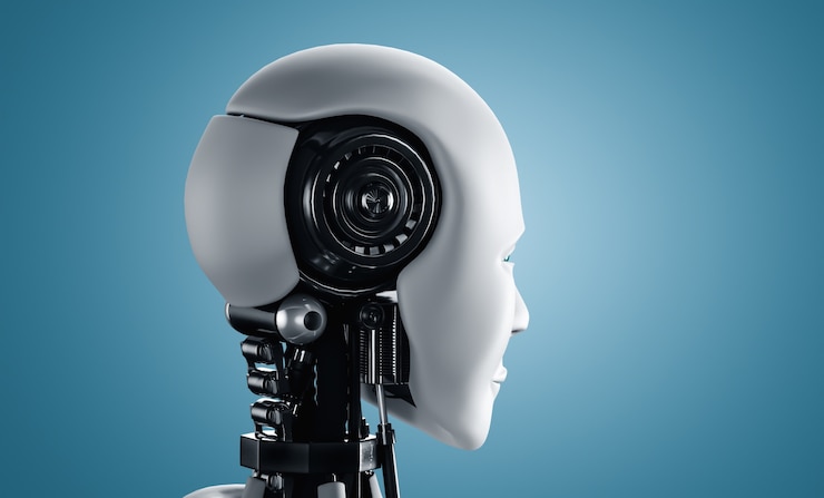 A white robot head seen in profile against a pale blue background