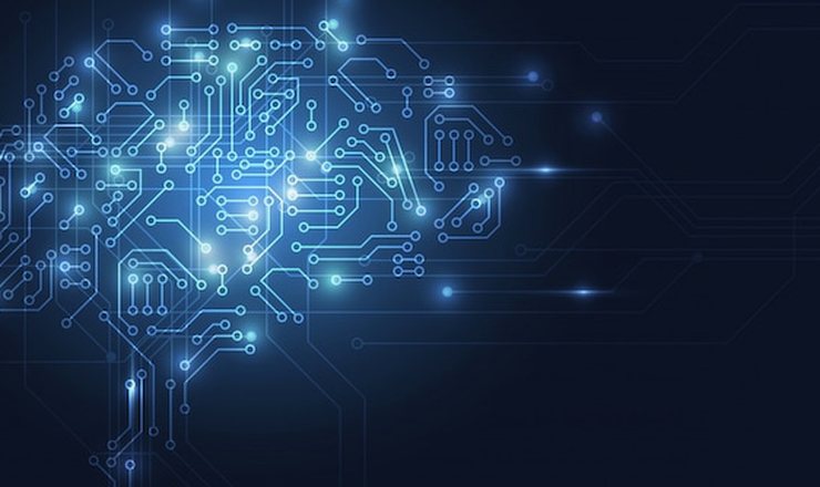 A glowing circuit-board brain on a dark blue background