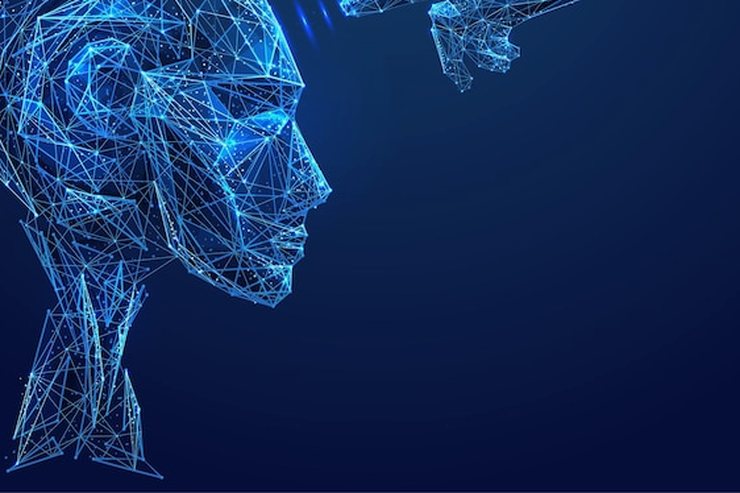 A robotic finger reaching towards a wireframe human head